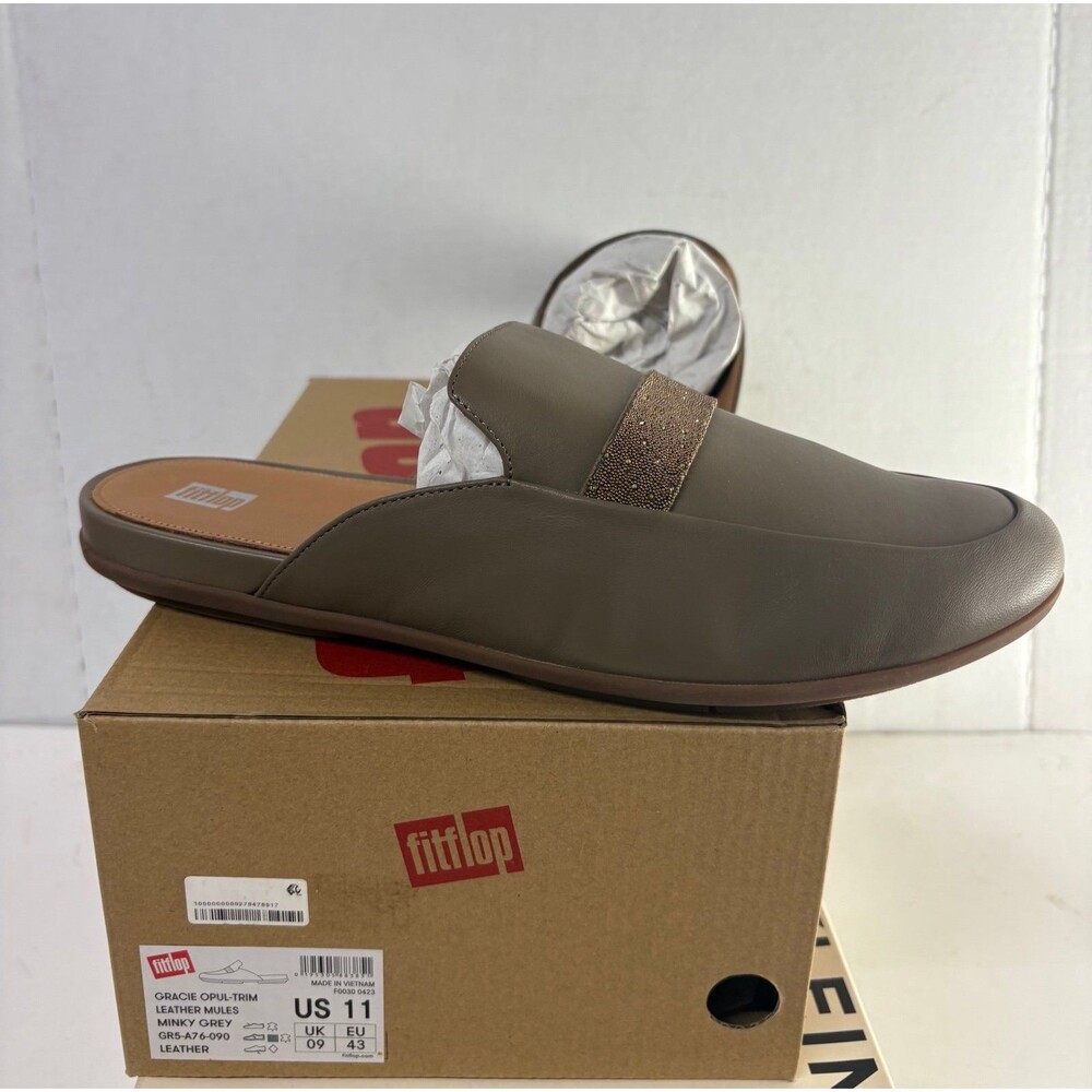 FitFlop Women's Gracie Minky Grey Opul-Trim Leather Mules Slip On Size 11M